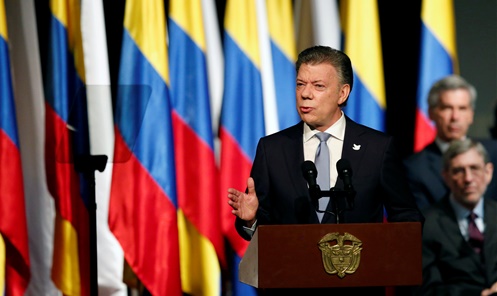 [포토] 콜롬비아 대통령, 평화협정 체결 후 연설